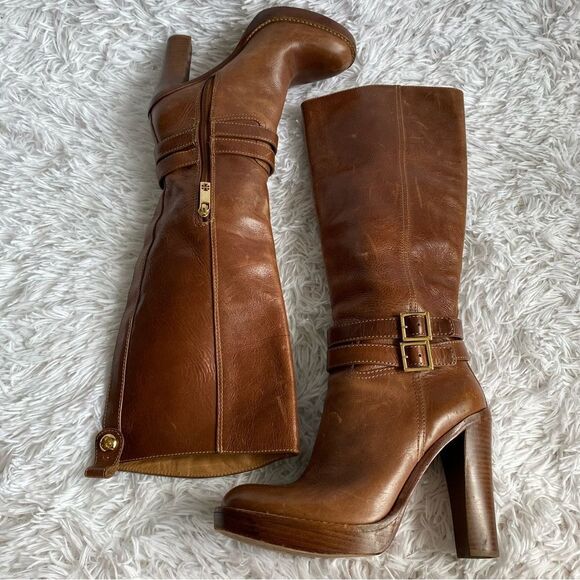 Tory Burch Brown Leather Platform Heels Boots with Ankle Straps Size 8 - Picture 7 of 11